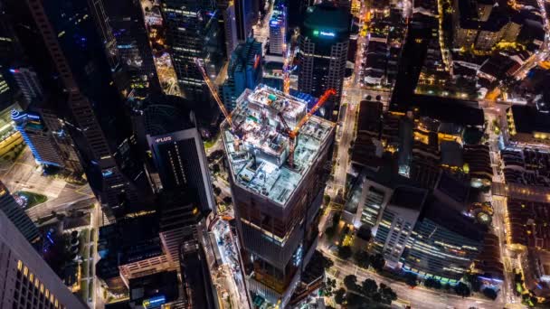 Time Lapse Byggarbetsplats Kran Och Biltrafik Transport Natten Singapore Centrum — Stockvideo