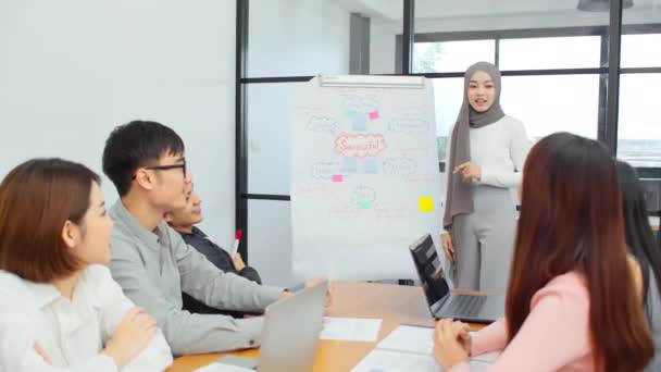 アジアのイスラム教徒の女性は ブレインストーミング会議のプレゼンテーションで若いアジアのビジネスクリエイティブチームのグループをリードしています 女子力 同僚のチームワーク 人的協力 アイデア共有の概念 — ストック動画