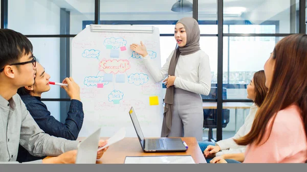 Asiatische Muslimin Leitet Gruppe Junger Asiatischer Geschäftsleute Bei Brainstorming Meeting — Stockfoto