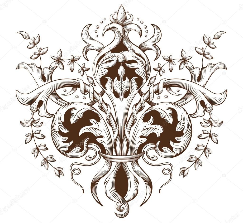 Vintage decorative element engraving with Baroque ornament pattern