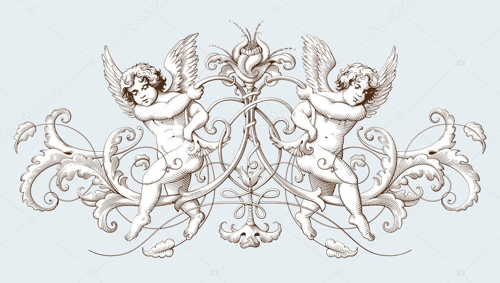 Vintage decorative element engraving with Baroque ornament pattern and cupids