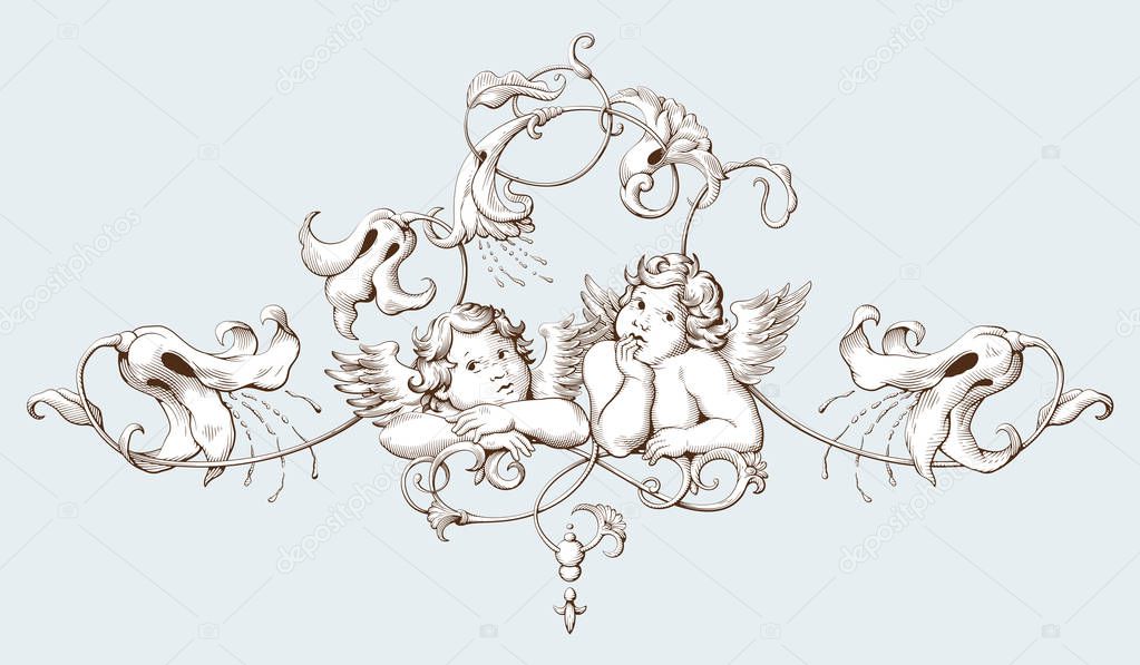 Vintage decorative element engraving with Baroque ornament pattern and cupids