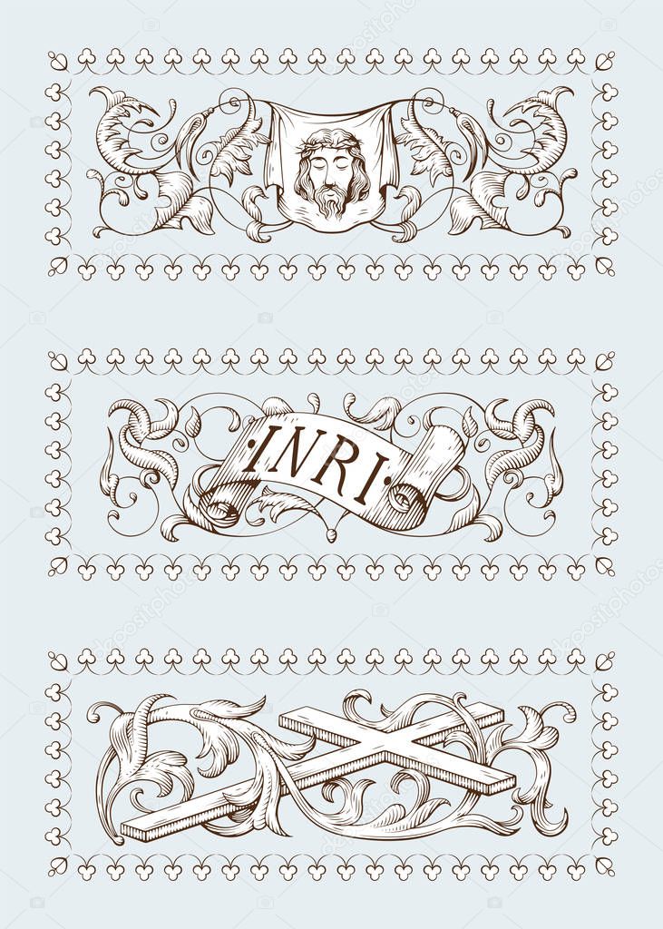 A set of Religious symbols of christianity, including cross, face of Jesus Christ and a sign with INRI text. Biblical illustrations in old engraving style