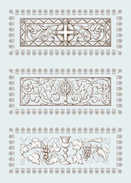 Soubor náboženských symbolů křesťanství, včetně kříže a Svatého grálu. Biblické ilustrace ve starém ryteckém stylu — Stockový vektor