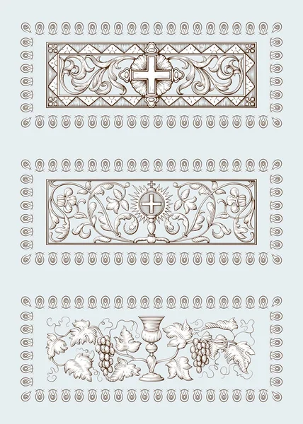 Een verzameling religieuze symbolen van het christendom, waaronder kruis en Heilige Graal. Bijbelse illustraties in oude graveerstijl — Stockvector