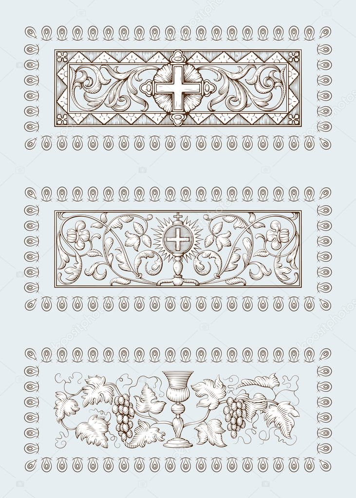 A set of Religious symbols of christianity, including cross and Holy Grail. Biblical illustrations in old engraving style