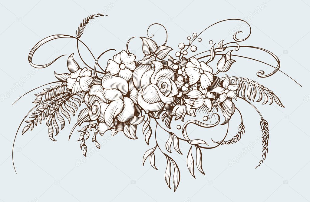 Bunch of flowers. Vintage botanical illustration for a wedding or other celebrations. Bouquet in Baroque engraving style