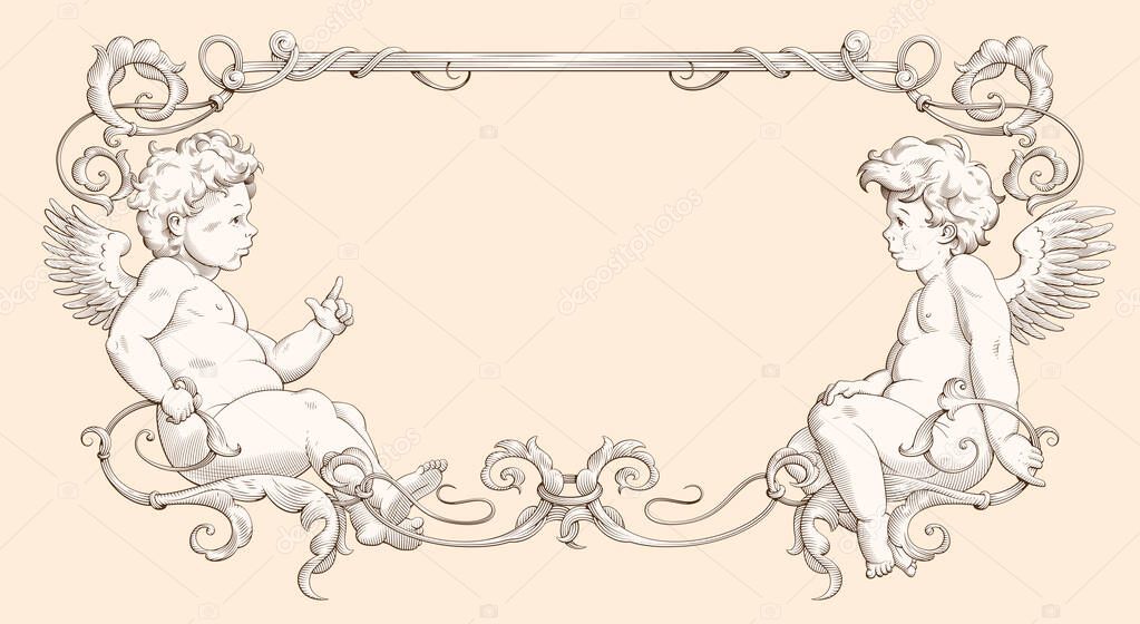 Elegant vintage border frame with cupids for weddings, Valentine`s day and other holidays. Decorative element in the style of vintage engraving with Baroque ornament. Hand drawn vector illustration 