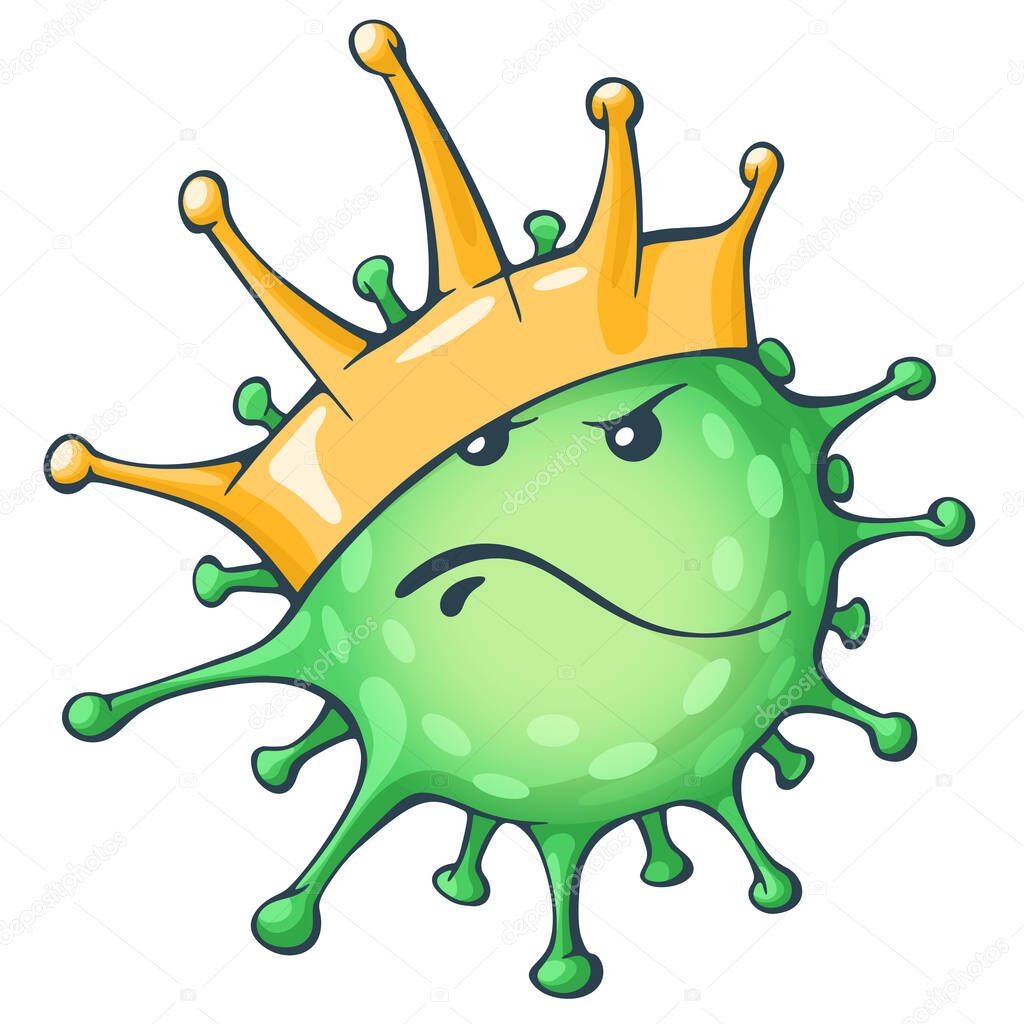 Cartoon coronavirus character. Angry virus with golden crown. Hand drawn charismatic character. Concept of coronavirus COVID-19 quarantine