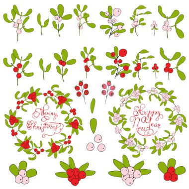 New Year garland and mistletoe flowers vector hand draw illustration. Celebrate merry happy Christmas vector  illustration 10 EPS. 