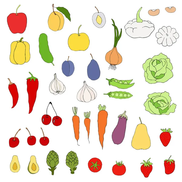 Egy Sor Kép Zöldségekről Gyümölcsökről Tervezéshez Állítsa Zöldségek Gyümölcsök Vektor — Stock Vector