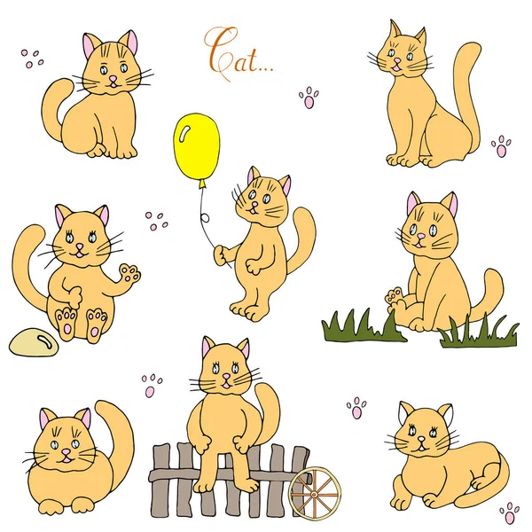 猫のデザインセット キャットカードのテンプレート手描きをセットします 漫画のラインアート ベクターハンドドローイラスト — ストックベクタ