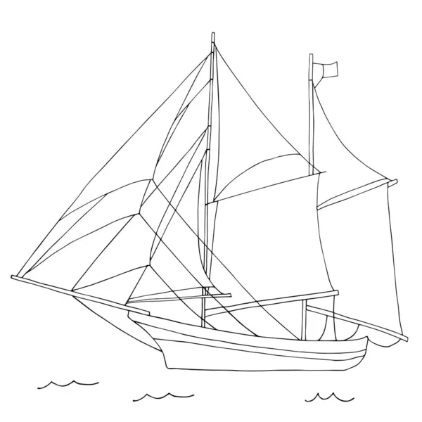 Grande Navio Vela Dois Mastros Coloração Mar Vetor Preto Branco — Vetor de Stock