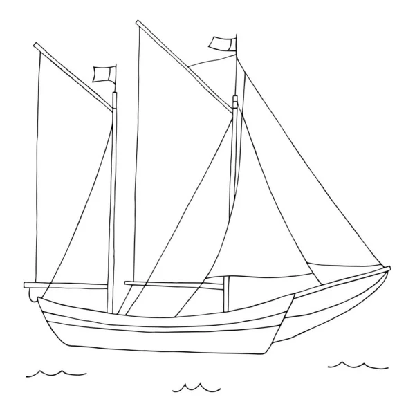 Kleines Zweimastschiff Auf Hoher See Schwarz Weiß Vektorzeichnung Illustration Eps10 — Stockvektor