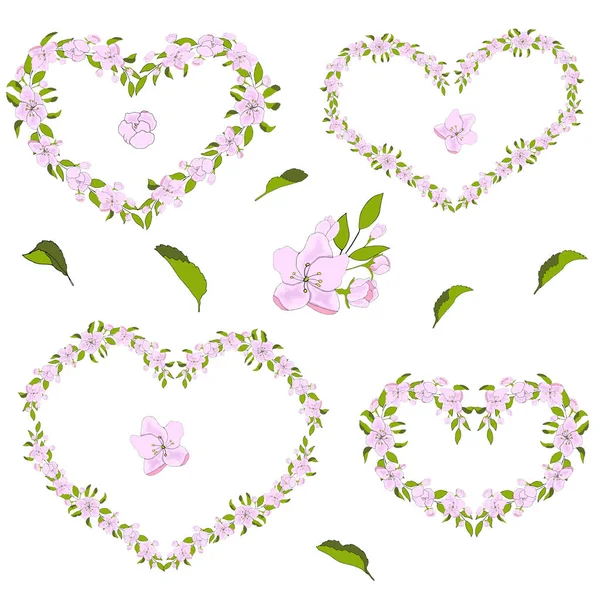 Set Hearts Made Delicate Flowers Gift Cards Set Delicate Flowers — Stock Vector