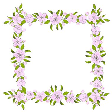 Hediye kartları için elma çiçekleri. Clipart için bir dizi narin elma ve çelenk. Elma taşıyıcı el çizimi çiçeklerinden tebrikler çerçevesi bayramı kutluyor. Vektör el çizimi Görüntü EPS10