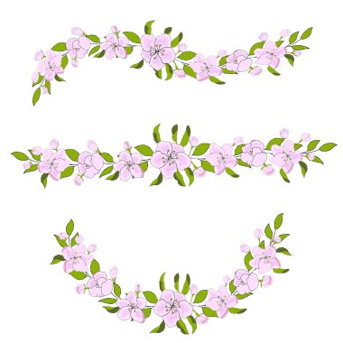 Hediye kartları için üç elma dalı. Clipart için bir dizi narin elma ve çelenk. Elma vektör el çiçekleri için tebrik çerçevesi çizim EPS10 bayramı kutluyor