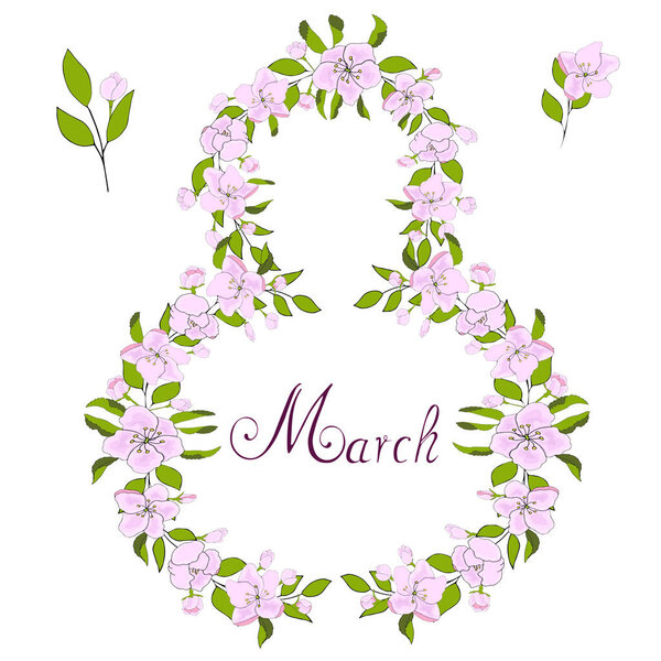 Greeting card for International Women's Day from flowers of apple vector hand draw Illustration EPS10 celebrate holiday