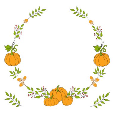 Sonbahar tatili için hediye kartları için balkabaklı çelenk. Vektör el çizimi Görüntü EPS10