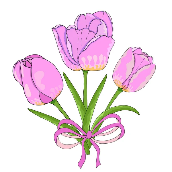 Drie Tulpen Als Cadeau Voor Vakantie Vector Hand Tekenen Illustratie — Stockvector