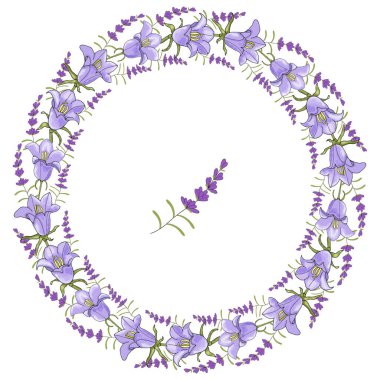 Bayram kutlaması için büyük çelenk, çan çiçeği ve lavanta. Vektör el çizimi Görüntü EPS10