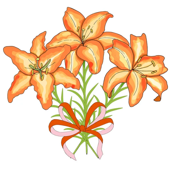 Een Groot Boeket Oranje Lelie Bloemen Als Geschenk Vector Hand — Stockvector