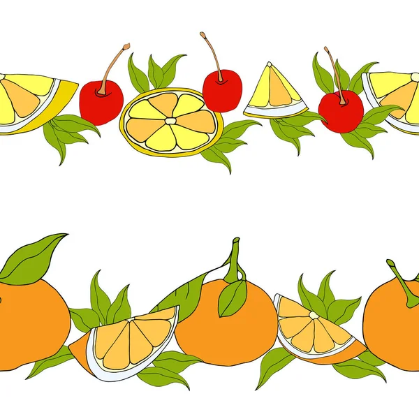Két Zökkenőmentes Kefe Citrusszal Cseresznyével Kreativitáshoz Vektor Kézi Húzása Illusztráció — Stock Vector