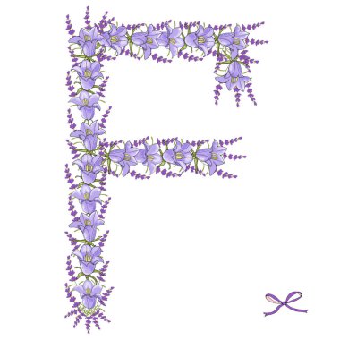 Çan ve lavantadan yapılmış büyük F harfi. Vektör el çizimi Görüntü EPS10.