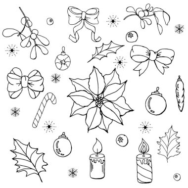 Yeni yıl için karalama elemanları ve çiçekler. Vektör el çizimi Görüntü EPS10