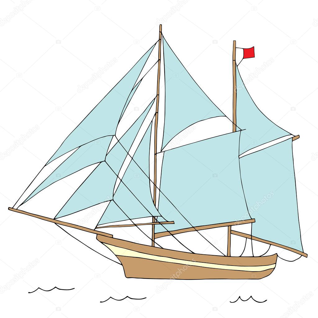  Large two-masted sailing ship at sea. Vector hand draw  Illustration EPS10