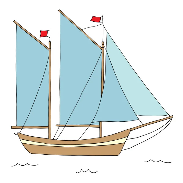 Kleines Zweimaster Schiff Auf See Vektorhandzeichnung Illustration Eps10 — Stockvektor