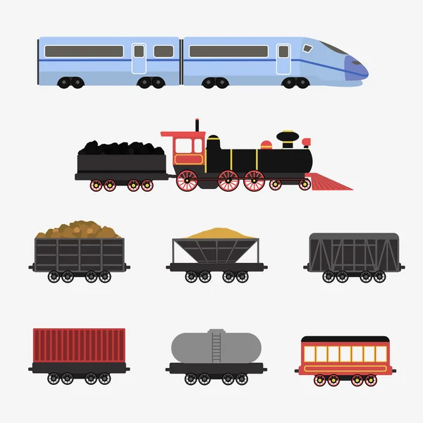 Recolha de locomotivas, vagões de passageiros e comboios de velocidade —  Vetores de Stock