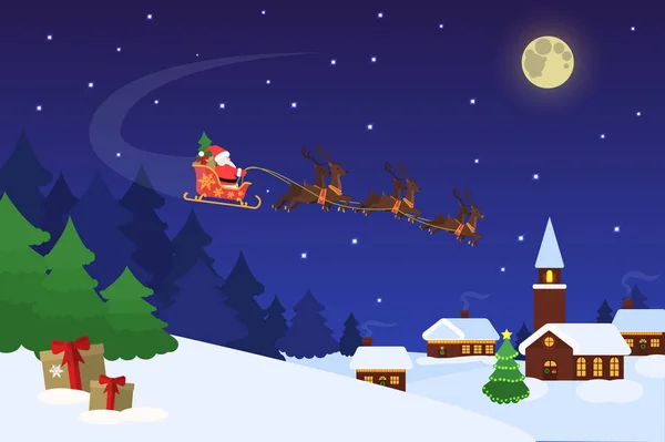 Paisaje navideño con Papá Noel volando en un trineo — Vector de stock