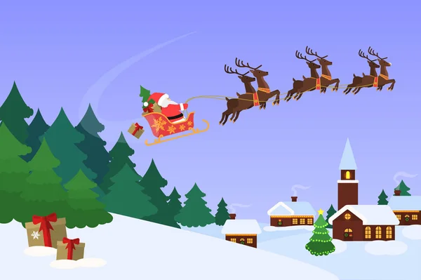 そりで空飛ぶサンタ クロースのクリスマス風景 — ストックベクタ