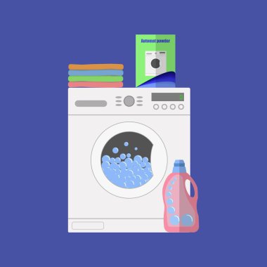 Modern çamaşır makinesi keten ile düz tasarım vektör çizim. giyim