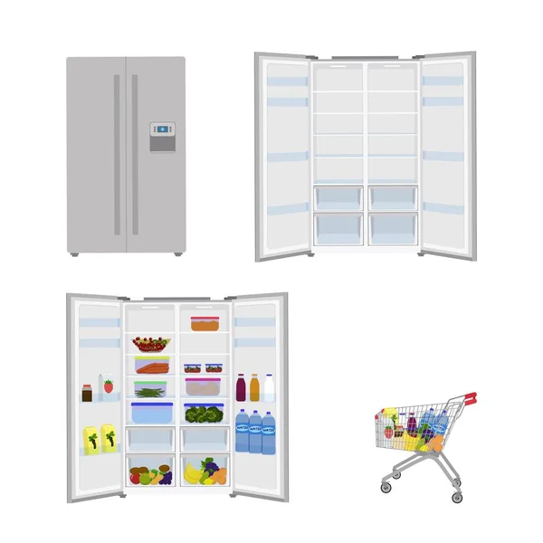 Réfrigérateur ouvert plein de fruits et légumes frais — Image vectorielle