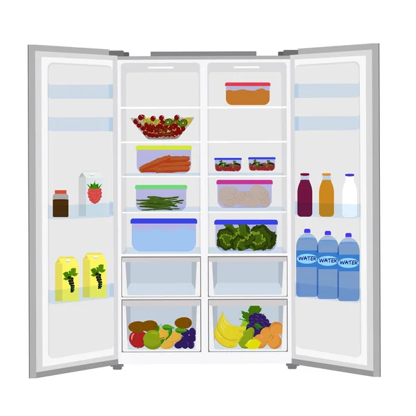 Friss gyümölcsök és zöldségek tele nyitott hűtőszekrény — Stock Vector