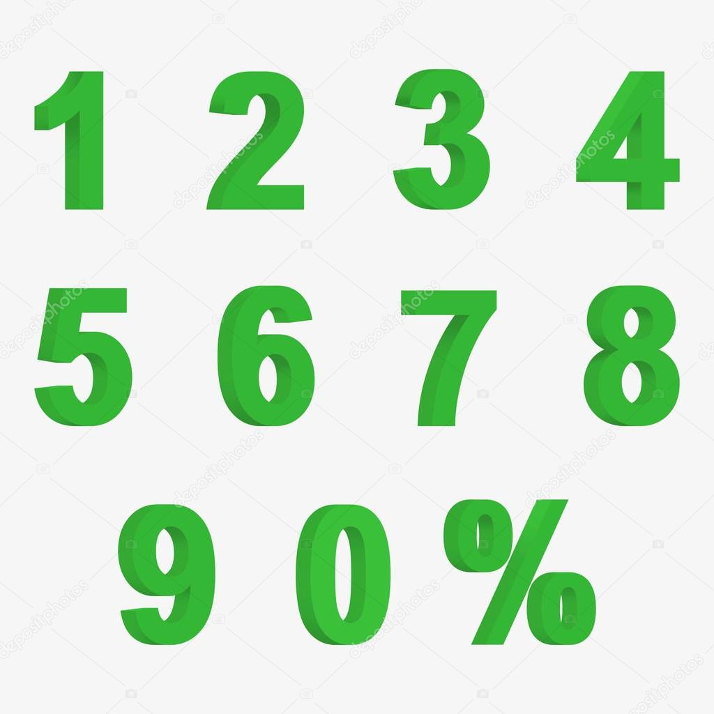 Set 3D of figures of green color and sign of percent