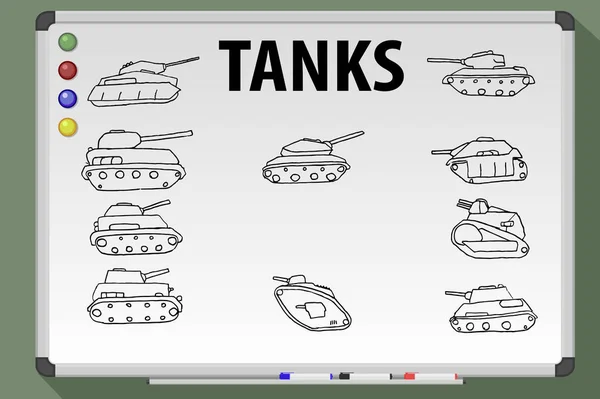 Silueta tanku, kreslené vtipy, osnovy. — Stockový vektor