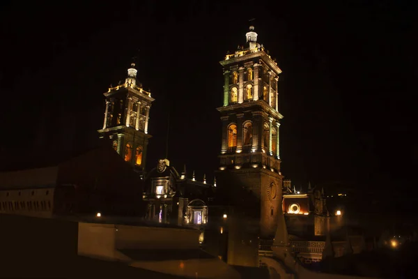 Puebla Meksyk Katedra Nocy Strzał — Zdjęcie stockowe
