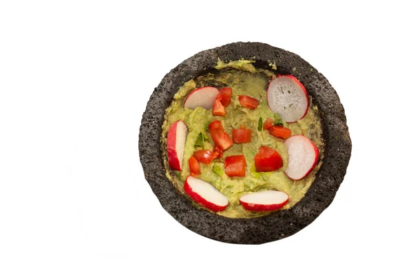 Guacamole Saus Mexicaans Eten Gekookt Met Radijs Avocado Koriander Tomaat — Stockfoto