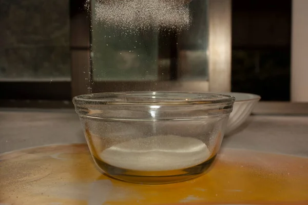 Sifting Flour Form Rain Preparations Refine Glass — Stock Photo, Image