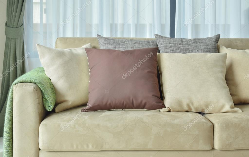 Brown Pillows On Light Leather Sofa Stock Photo Brown Pillows On Light Leather Sofa Photo By Worldwide Stock