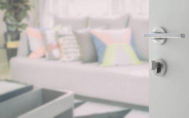 kanepe üzerinde renkli yastıklar ile modern oturma odası tasarımı beyaz kapı açıldı