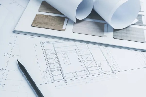 Arkitektritningar papper med färg och material prover för konstruktion — Stockfoto