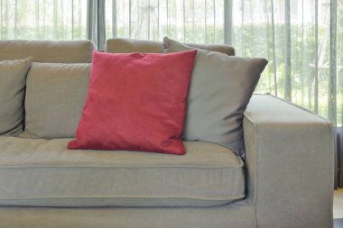 Kırmızı kadife yastık ile gri renk kanepe ve yastıklar