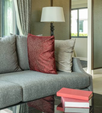Modern oturma odası tasarımı ile kanepe ve lamba kırmızı yastık