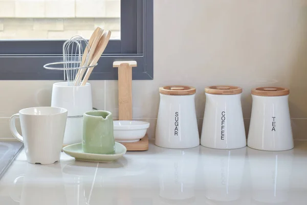 Modern pantry with white utensil in kitchen — Stock Photo, Image