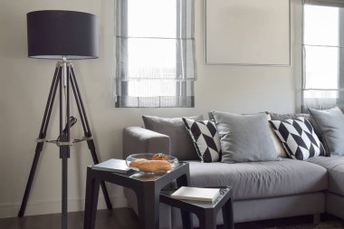 Gri tonu yaşam alanı ile siyah tripod ayakta lamba