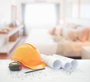 kask ve modern tarzı iç yatak odası olarak arka plan üzerinde araçları ile mimari planı